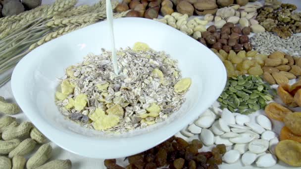 La leche se vierte en un tazón blanco con muesli . — Vídeos de Stock