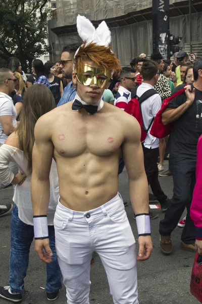 한 사람이 자존심 퍼레이드 상파울루에서 의상을 입고 — 스톡 사진