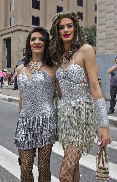 Two persons wearing costumes in Pride Parade Sao Paulo — Stock Photo, Image