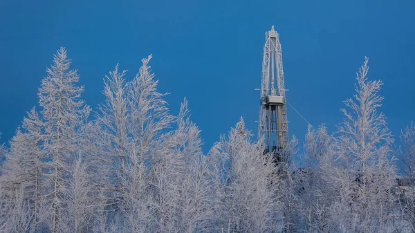 Winter Landscape Taiga Forest Drilling Rig Northern Oil Gas Field — Stock Photo, Image