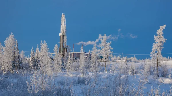 Winter Landscape Taiga Forest Drilling Rig Northern Oil Gas Field — Stock Photo, Image