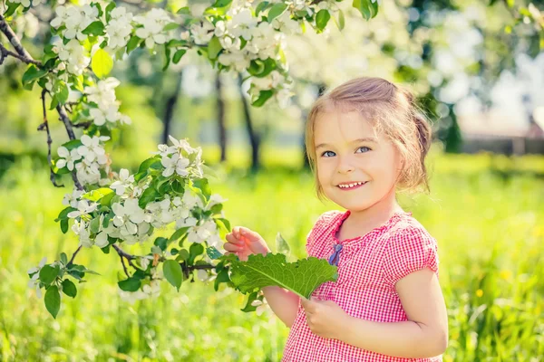 Ευτυχισμένο κοριτσάκι στον κήπο με τις μηλιές — Φωτογραφία Αρχείου