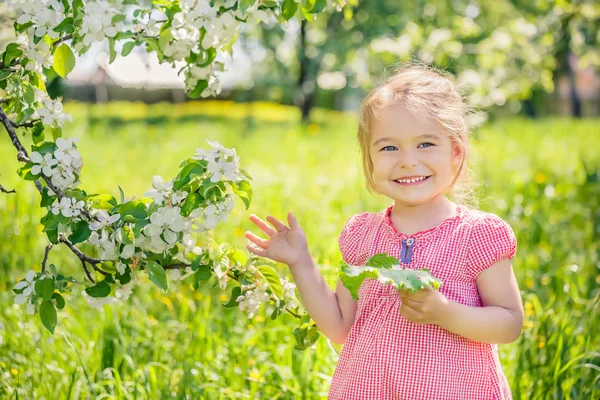 Szczęśliwa dziewczynka w ogrodzie jabłoni — Zdjęcie stockowe