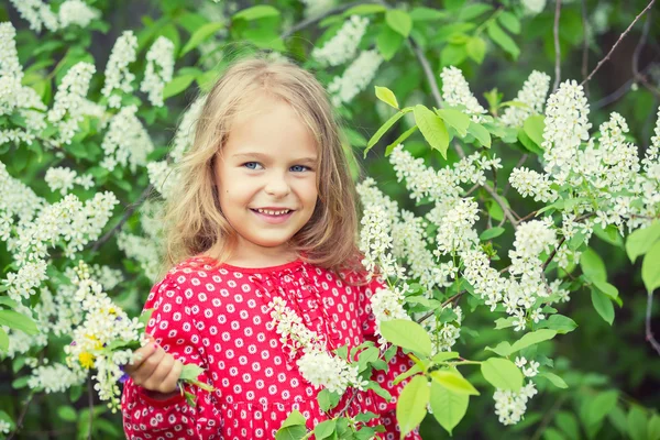 Маленька дівчинка весняними квітами — стокове фото