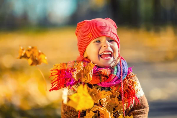 Kislány játszó őszi levelek — Stock Fotó
