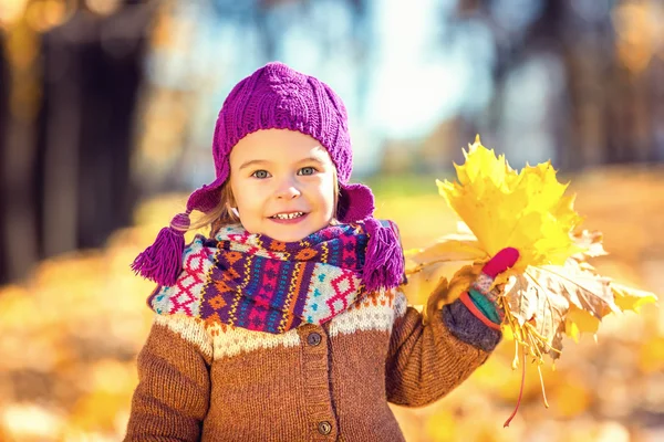 Sonbahar yaprakları ile oynarken küçük kız — Stok fotoğraf