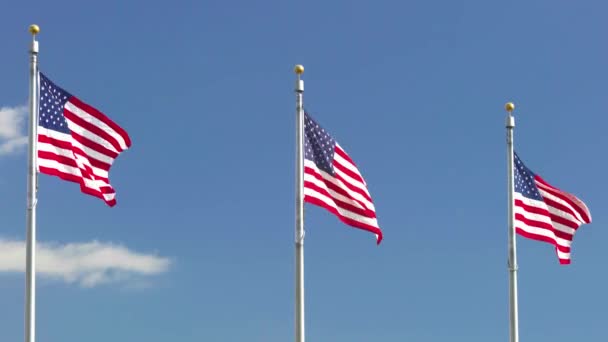 Флаги США, размахивающие голубым небом — стоковое видео