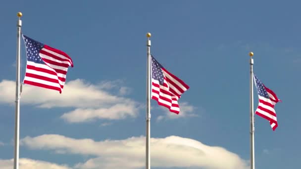 Σημαίες των Ηνωμένων Πολιτειών κυματίζουν πάνω από τον γαλάζιο ουρανό — Αρχείο Βίντεο