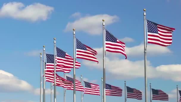 Vlajky Spojených států vlnící se nad modrou oblohou — Stock video