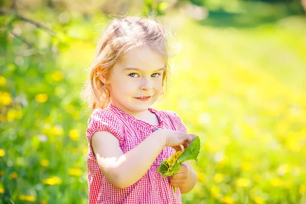 Szczęśliwa mała dziewczynka w wiosennym parku słonecznym — Zdjęcie stockowe