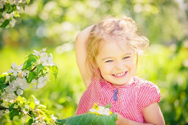 Glad lille pige i æble træ haven - Stock-foto