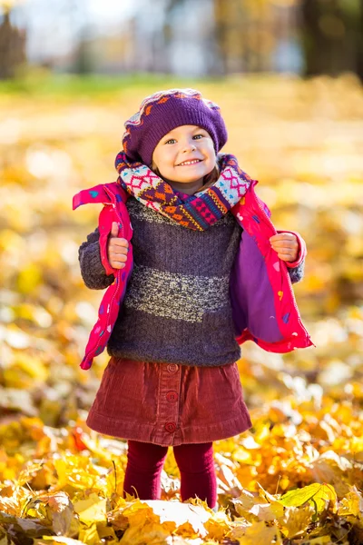 Fröhliches kleines Mädchen spielt im Herbstpark — Stockfoto