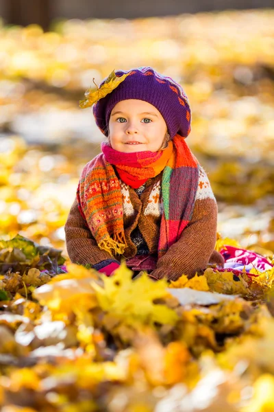 Glad liten flicka som leker i parken hösten — Stockfoto