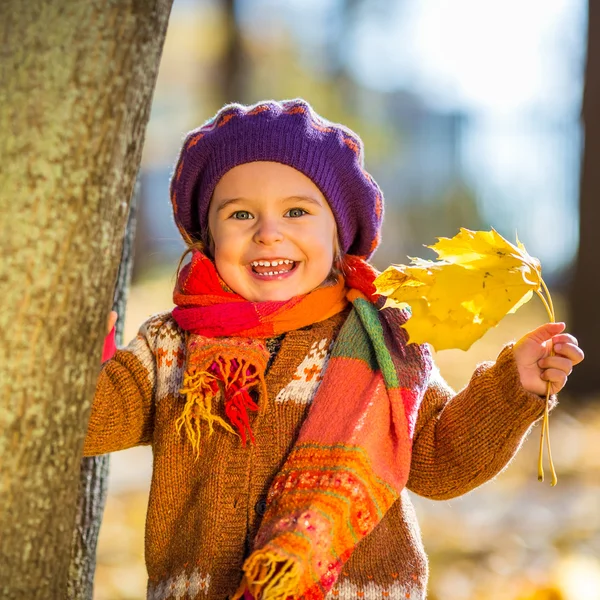 Sonbahar parkta oynarken mutlu küçük kız — Stok fotoğraf