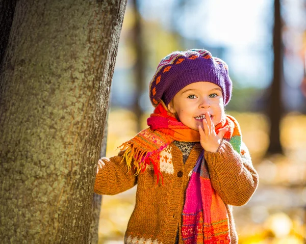 Happy little girl playing in the autumn park — Stock Photo, Image
