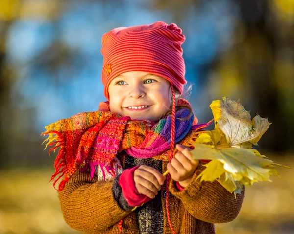 Malá dívka si hraje s podzimní listí — Stock fotografie