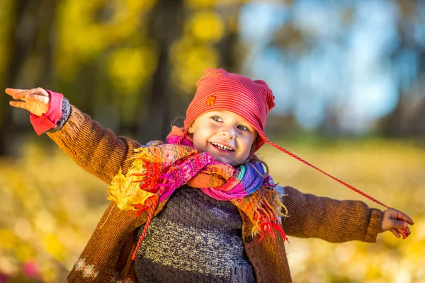 Glad liten flicka som leker i parken hösten — Stockfoto