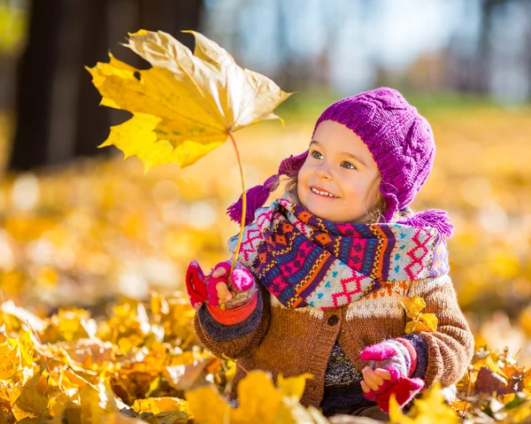 小さな女の子が紅葉で遊んで — ストック写真