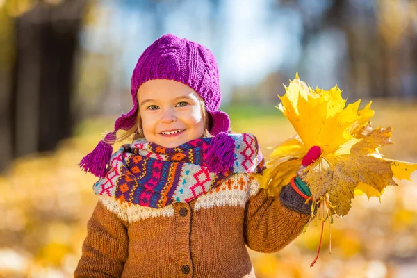 Κοριτσάκι παίζει με τα Φθινοπωρινά φύλλα — Φωτογραφία Αρχείου