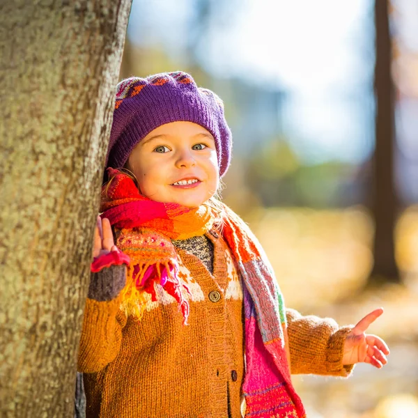 Glad liten flicka som leker i parken hösten — Stockfoto