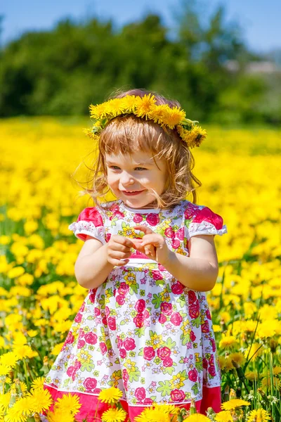 Little girl on the dandelion field — Stock Photo, Image