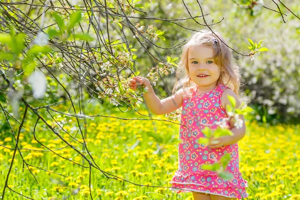 Szczęśliwa mała dziewczynka w wiosennym parku słonecznym — Zdjęcie stockowe