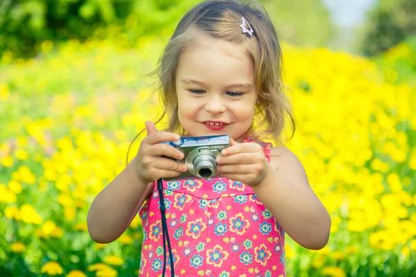 Mała dziewczynka fotografowanie na łące — Zdjęcie stockowe