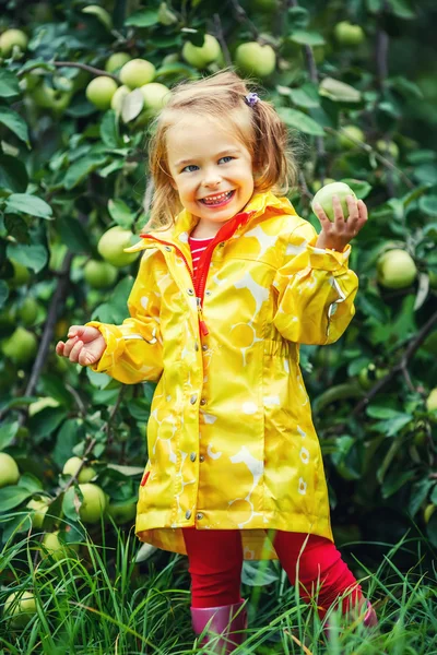 Klein meisje in de tuin van apple — Stockfoto