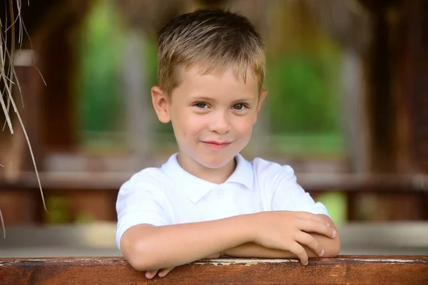 Portret Młodego Uśmiechniętego Chłopca Świeżym Powietrzu Obraz Płytkim Dof — Zdjęcie stockowe