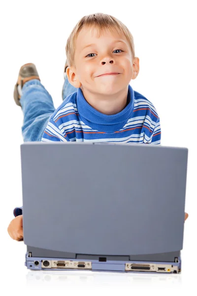 Smiley Little Boy with Laptop — Stock Photo, Image