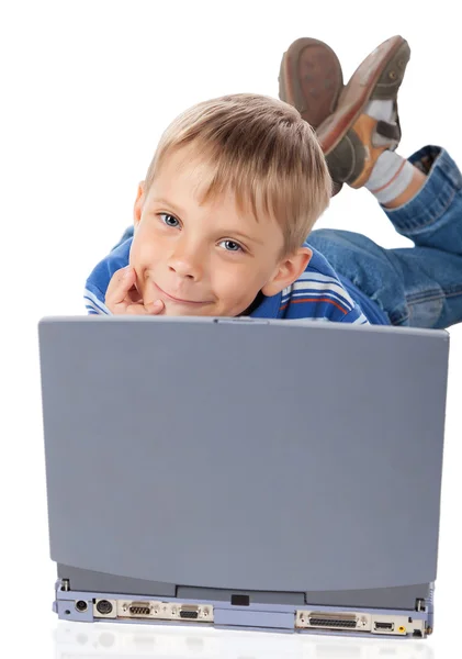 Smiley Little Boy with Laptop — Stock Photo, Image