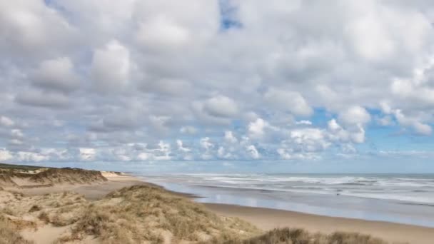 Panoramisch uitzicht op wolken bewegend over oceaan strand — Stockvideo