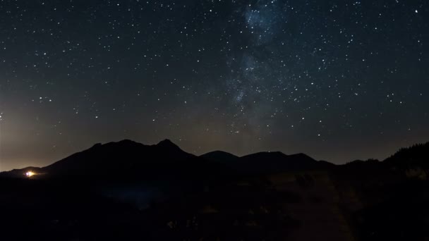 Milky way galaxy and stars in starry night sky over mountains silhouette Astronomy Time lapse — Stock Video