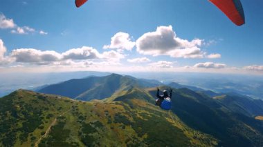 Güneşli bir yaz gününde yeşil dağların üzerinde süzülen bir paraglider görüntüsü. Huzurlu ama heyecan verici macera dağ uçuşunun özgürlüğünü, adrenalinini ve güzelliğini yakalıyor..