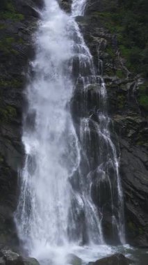 Yavaş çekimde çekilen bir dağ şelalesinin sakin görüntüsü. Kristal berraklığında su kayaların üzerine dökülür. Huzurlu ve ferahlatıcı bir doğa sahnesi yaratır. Rahatlamak ve seyahat etmek için mükemmel bir ortam.