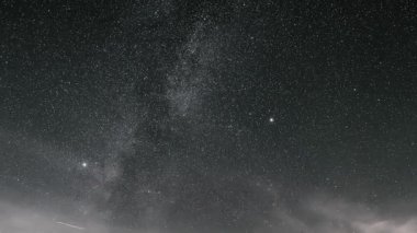 Astronomi hızlandırılmış Samanyolu galaksisi yıldızlarını ve yıldızlarla dolu gece gökyüzünde süzülen güzel sirrus bulutlarını gösteriyor. Uzay ve doğa projeleri için mükemmel kozmik arkaplan.