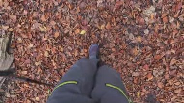 Renkli sonbahar yapraklarıyla kaplı bir patika boyunca yürüyen bir adamın bacaklarının yakın görüntüsü. Barışçıl doğa sahnesi aktif yaşam tarzını, yürüyüşü ve sonbahar turizmini simgeliyor..
