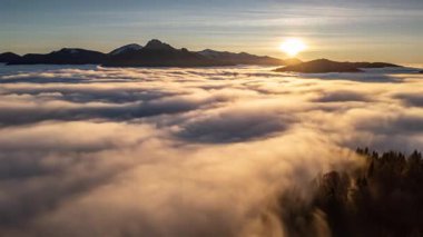 Sisli dağlar, orman ve sisli vadi üzerinde rüya gibi bir altın gün batımını yakalıyor. Bulutlar deniz gibi akar, dinginlik ve dinginlikle dolu büyülü bir akşam manzarası yaratır.