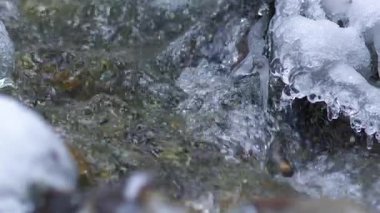 Buzlu suyun kışın bir dağ deresinin içinden aktığı yakın plan. Su akıntıları ve donmuş kenarlar dağlık yabanda gevrek, soğuk ve huzurlu bir doğal manzara yaratır..