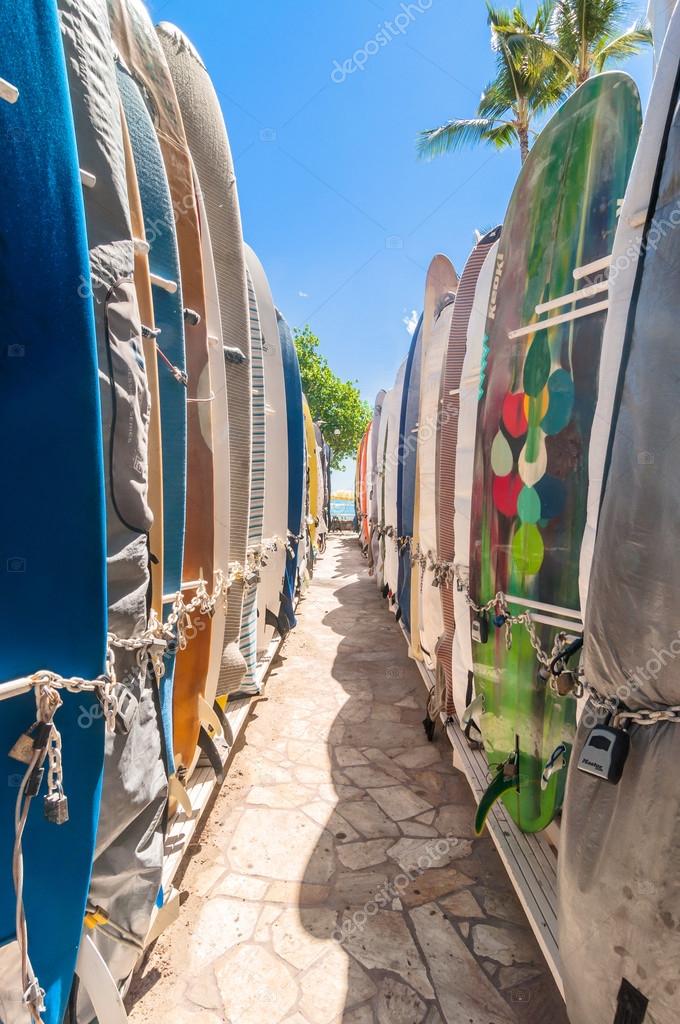 Surfboards at Waikiki Beach, Hawaii Stock Editorial Photo