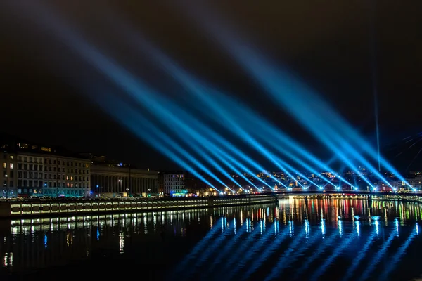 Lyon skyline tijdens Festival van lichten — Stockfoto