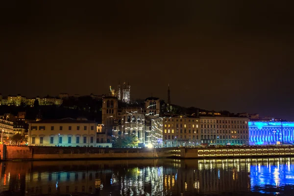 Horizonte de Lyon durante Festival de luzes — Fotografia de Stock