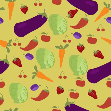Sebze ve meyve rengi arka planda pürüzsüz desen; mutfak eşyalarının üzerine basılabilir