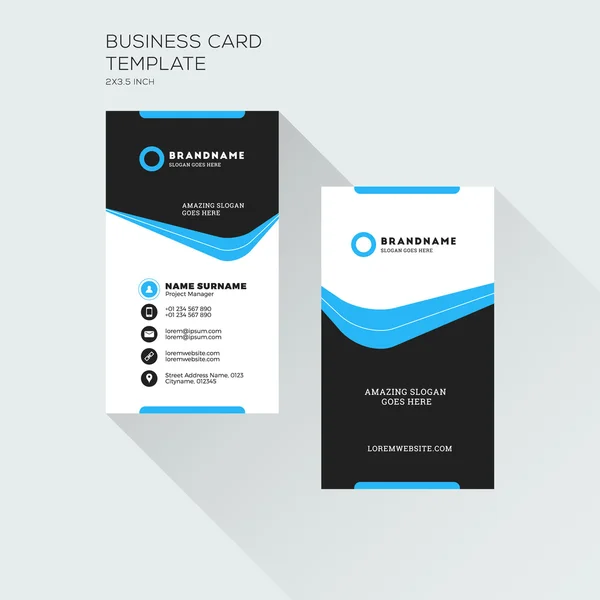 Vertical Business Card Print Template. Personal Visiting Card with company Logo. Black and Blue Colors. Clean Flat Design. Vector Illustration — 스톡 벡터