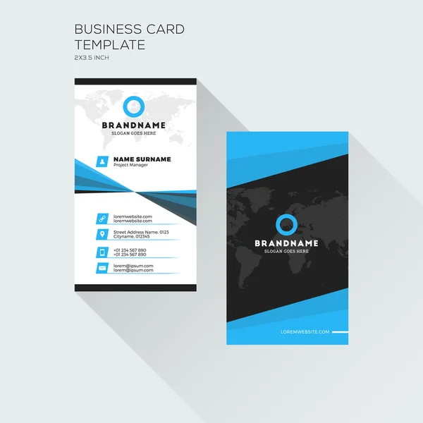 Vertical Business Card Print Template. Personal Visiting Card with company Logo. Black and Blue Colors. Clean Flat Design. Vector Illustration — Stockový vektor