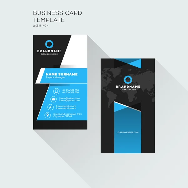 Шаблон вертикальной печати визитной карточки. Личная визитная карточка с логотипом компании. Черный и синий цвета. Чистый плоский дизайн. Векторная миграция — стоковый вектор