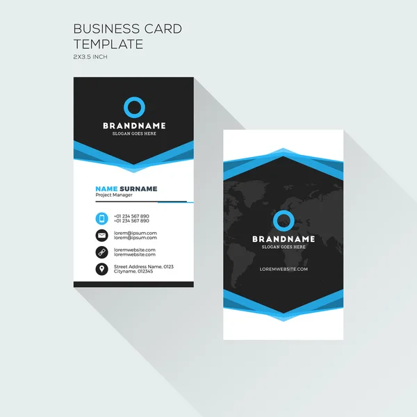 Шаблон вертикальной печати визитной карточки. Личная визитная карточка с логотипом компании. Черный и синий цвета. Чистый плоский дизайн. Векторная миграция — стоковый вектор