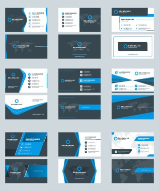 Modern kartvizit baskı şablonları kümesi. Şirket logosu ile kişisel kartvizit. Temiz, düz tasarım. Vektör çizim
