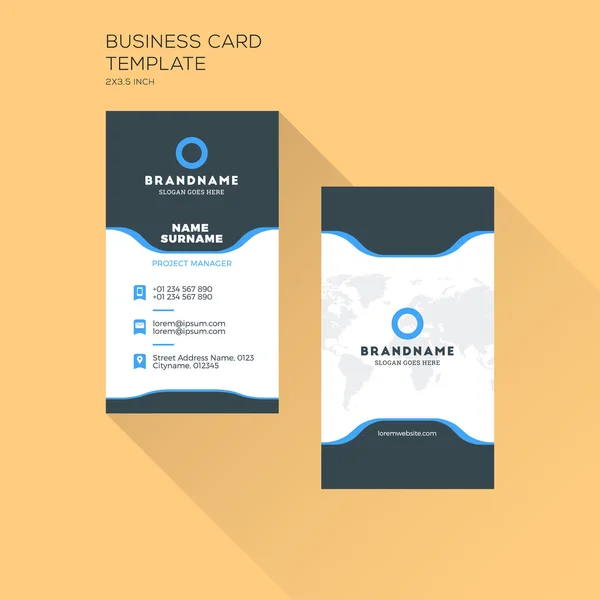 Vertical Business Card Print Template. Personal Business Card with Company Logo. Black and Blue Colors. Clean Flat Design. Vector Illustration — Stock Vector