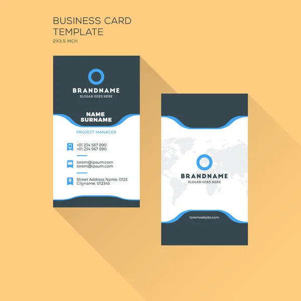 Modelo de impressão de cartão de visita vertical. Cartão de visita pessoal com logotipo da empresa. Cores Preto e Azul. Design plano limpo. Ilustração vetorial —  Vetores de Stock